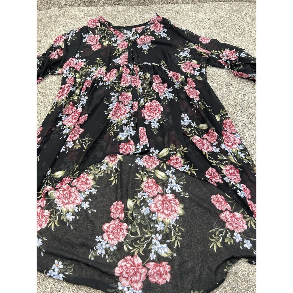 Women's Torrid Semi Sheer Hi-Low Floral Top, 3/3X, Black/Pink #0337